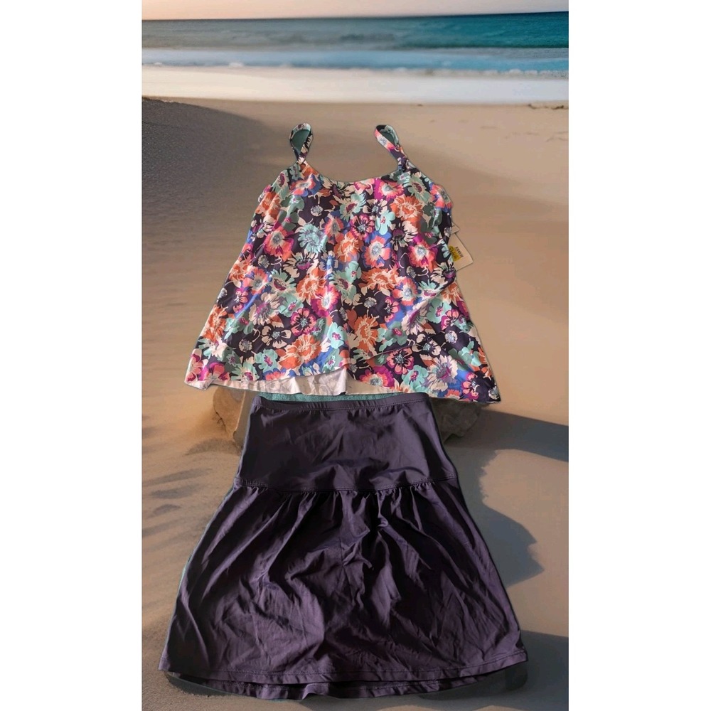 Leilani Floral Tankini Swim Top & Skirt Set Navy Multicolor L721058 Women Size 6